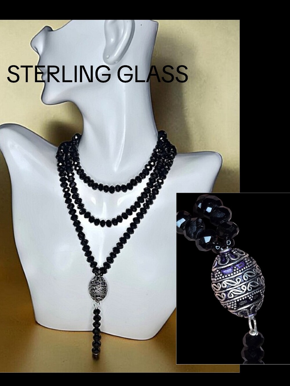 Vintage 34" Faceted Black Bead Necklace with Ornate Pendant
